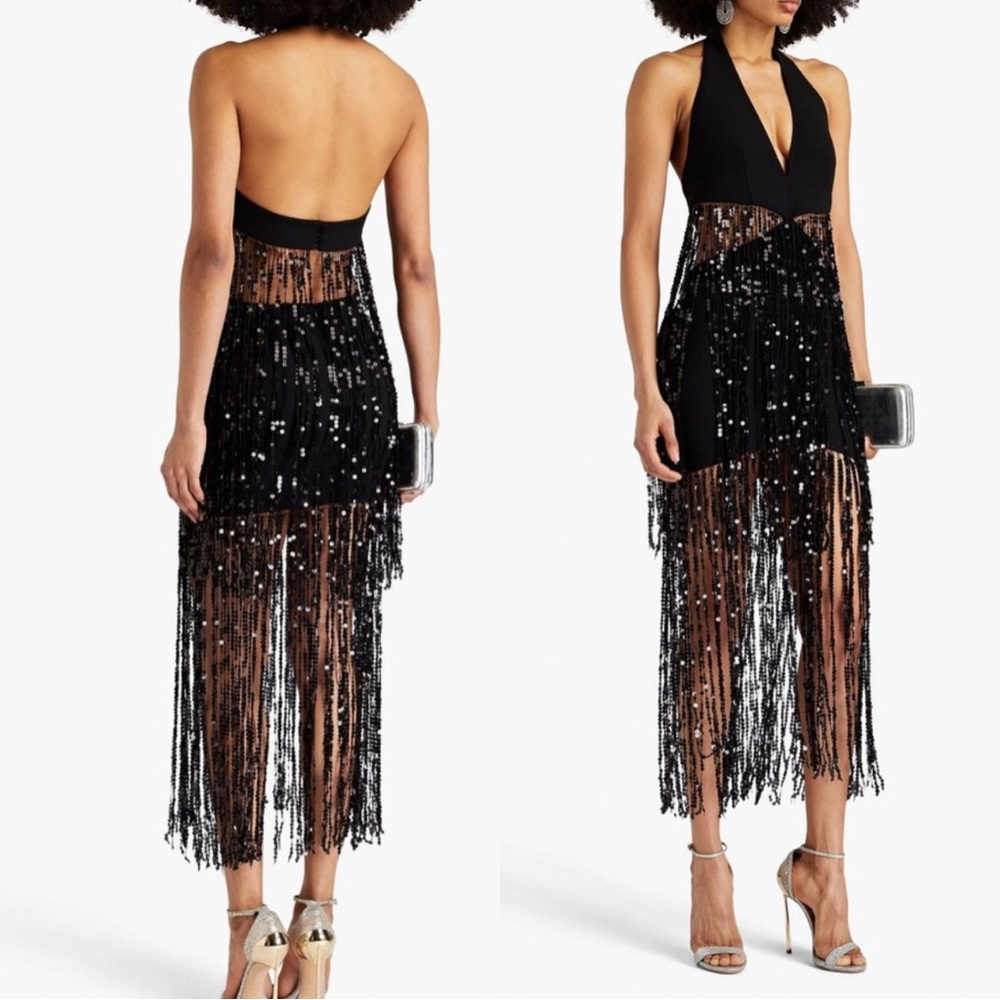 RASARIO Sequinned Fringe Dress in Crepe
